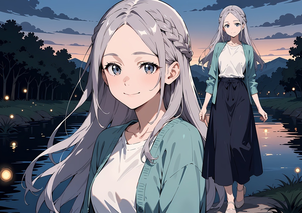 【商用利用可】ラベンダーのロングヘアに紺のロングスカートの女性のイラスト+同じ場面の人物なし背景 11枚セット|藤宮菫