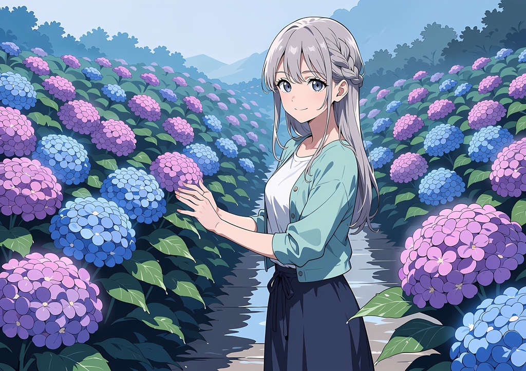 【商用利用可】ラベンダーのロングヘアに紺のロングスカートの女性のイラスト＋同じ場面の人物なし背景 11枚セット｜藤宮菫