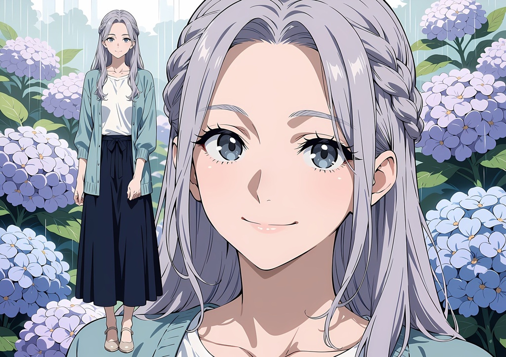 【商用利用可】ラベンダーのロングヘアに紺のロングスカートの女性のイラスト+同じ場面の人物なし背景 11枚セット|藤宮菫