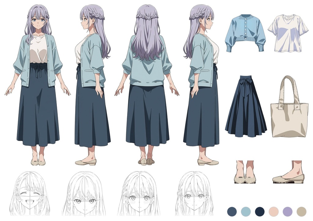 【商用利用可】ラベンダーのロングヘアに紺のロングスカートの女性のイラスト+同じ場面の人物なし背景 11枚セット|藤宮菫