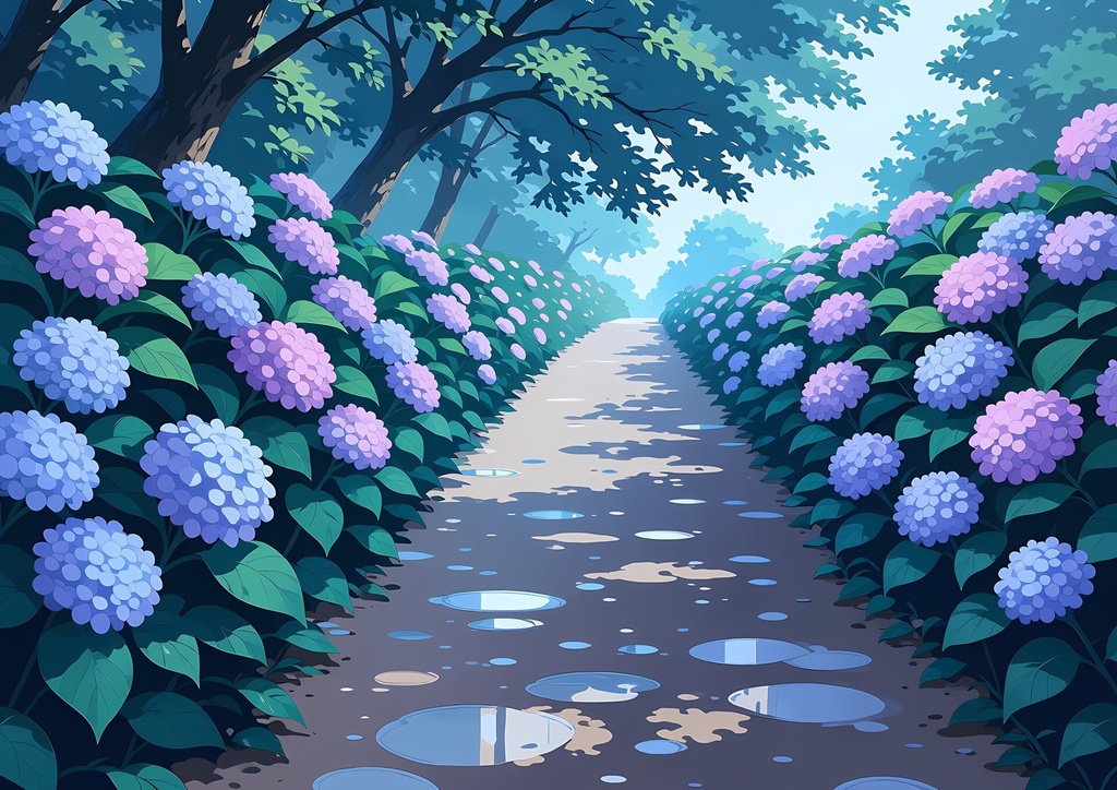 【商用利用可】ラベンダーのロングヘアに紺のロングスカートの女性のイラスト+同じ場面の人物なし背景 11枚セット|藤宮菫
