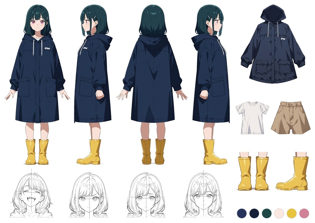【商用利用可】深緑のボブに紺のレインコートと黄色の長靴の女性のイラスト+同じ場面の人物なし背景 11枚セット|深緑雫