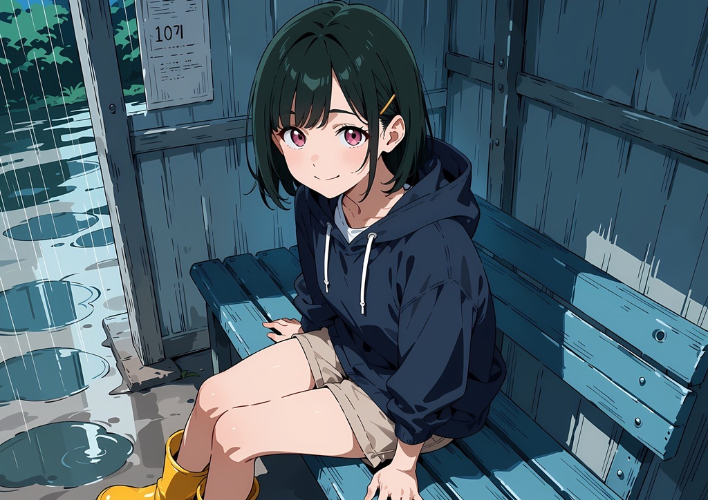 【商用利用可】深緑のボブに紺のレインコートと黄色の長靴の女性のイラスト+同じ場面の人物なし背景 11枚セット|深緑雫
