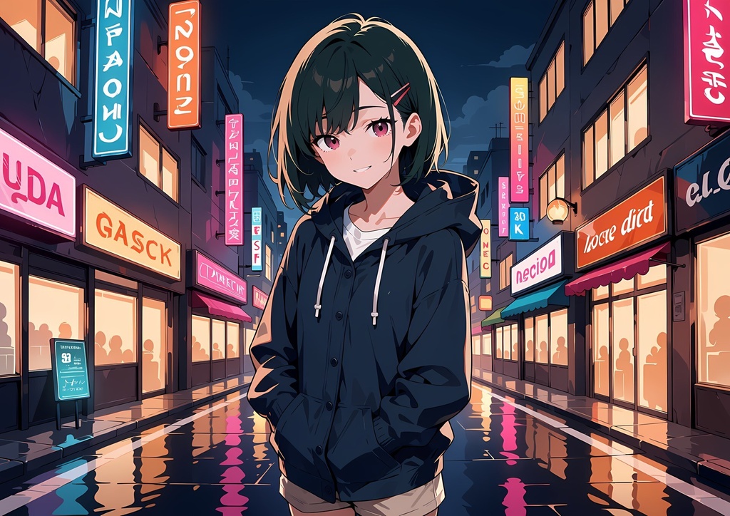 【商用利用可】深緑のボブに紺のレインコートと黄色の長靴の女性のイラスト+同じ場面の人物なし背景 11枚セット|深緑雫
