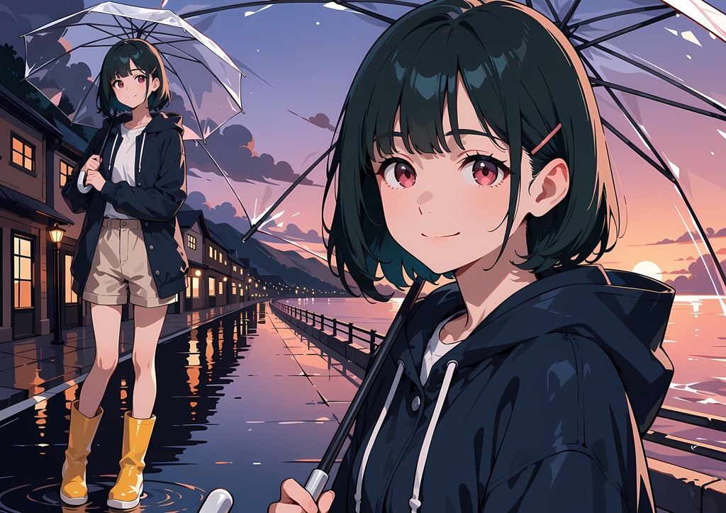 【商用利用可】深緑のボブに紺のレインコートと黄色の長靴の女性のイラスト+同じ場面の人物なし背景 11枚セット|深緑雫