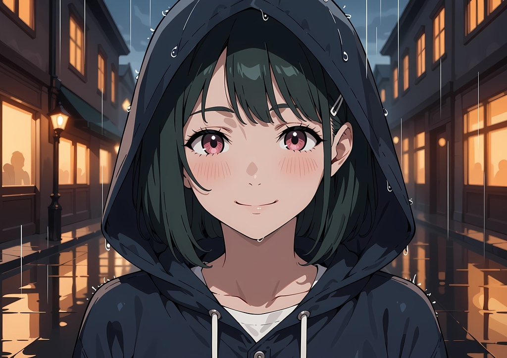 【商用利用可】深緑のボブに紺のレインコートと黄色の長靴の女性のイラスト+同じ場面の人物なし背景 11枚セット|深緑雫