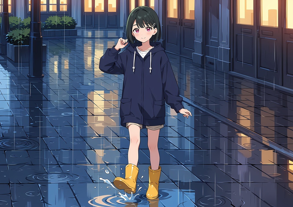【商用利用可】深緑のボブに紺のレインコートと黄色の長靴の女性のイラスト+同じ場面の人物なし背景 11枚セット|深緑雫