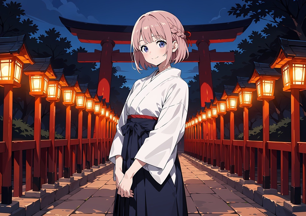 【商用利用可】ピンクのショートヘアに巫女風衣装の女性のイラスト＋同じ場面の人物なし背景 11枚セット｜桃園桜良