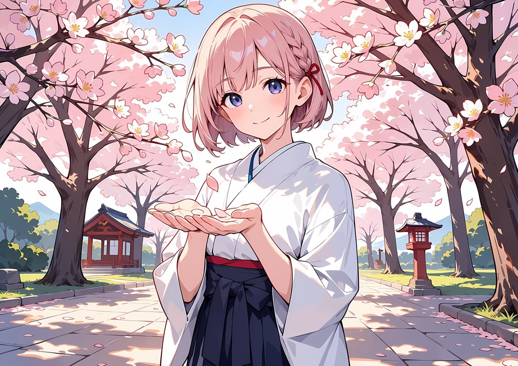 【商用利用可】ピンクのショートヘアに巫女風衣装の女性のイラスト+同じ場面の人物なし背景 11枚セット|桃園桜良