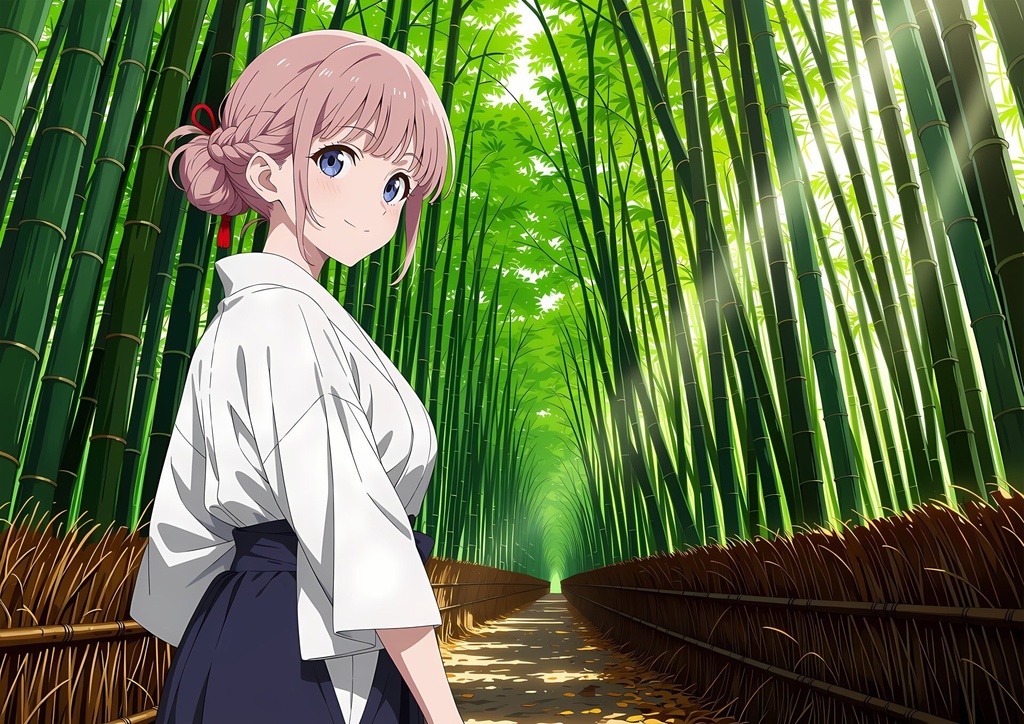 【商用利用可】ピンクのショートヘアに巫女風衣装の女性のイラスト+同じ場面の人物なし背景 11枚セット|桃園桜良