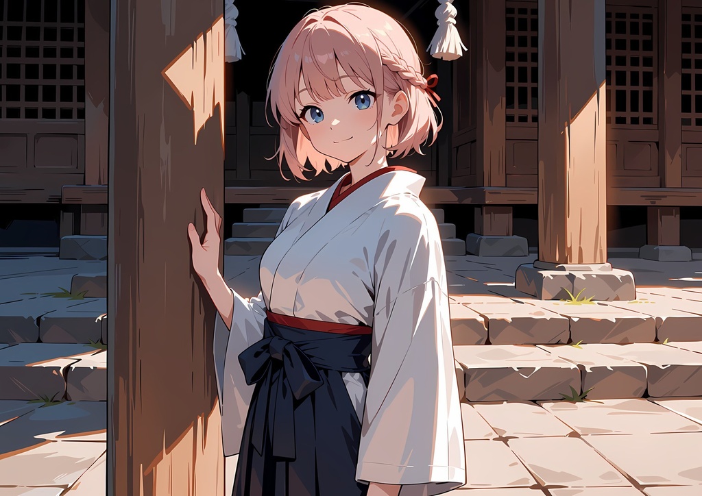 【商用利用可】ピンクのショートヘアに巫女風衣装の女性のイラスト+同じ場面の人物なし背景 11枚セット|桃園桜良