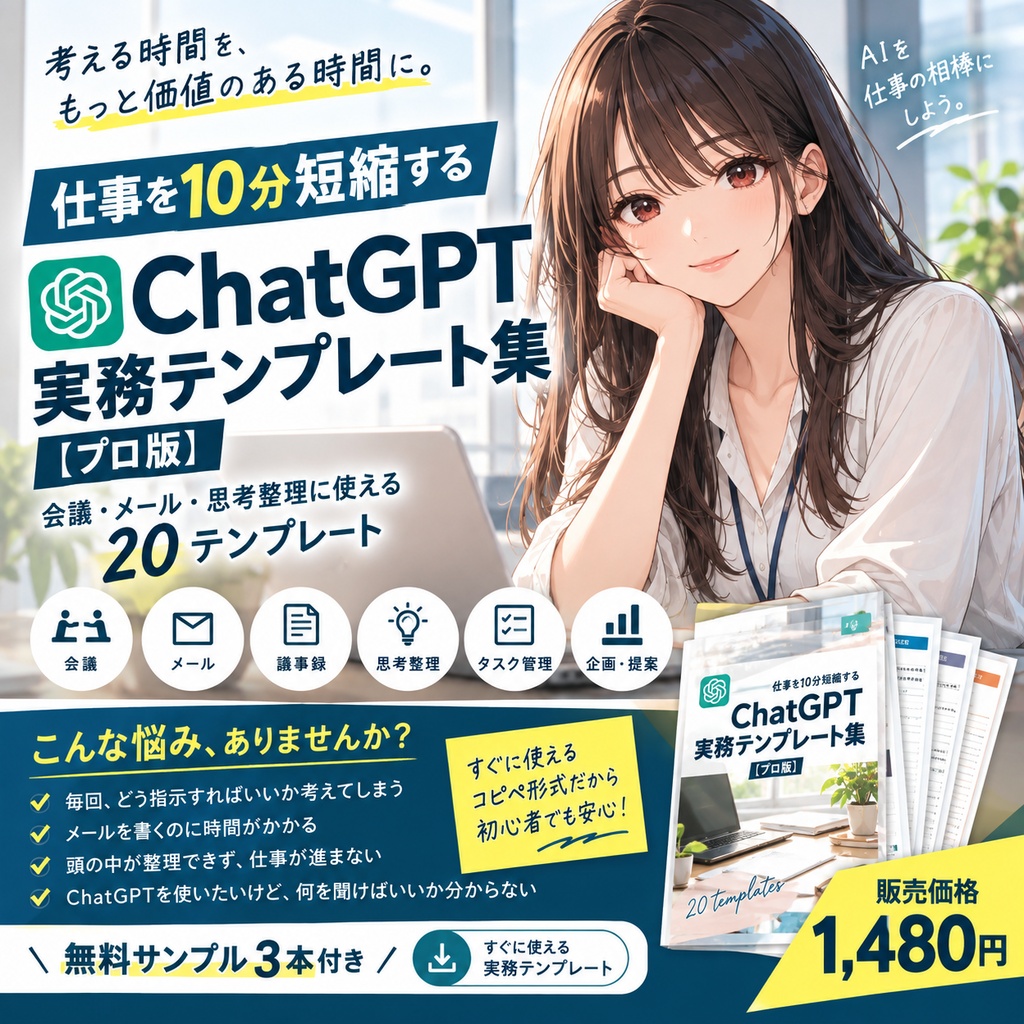仕事を10分短縮する ChatGPT実務テンプレート集【プロ版】｜会議・メール・思考整理に使える20テンプレート