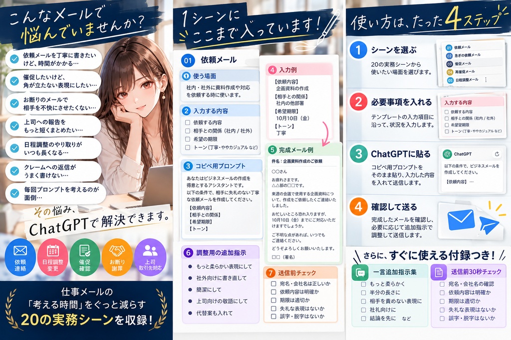 もうメール文面で悩まない。ChatGPTメール実務キット|依頼・催促・お断り・謝罪・日程調整など20シーン