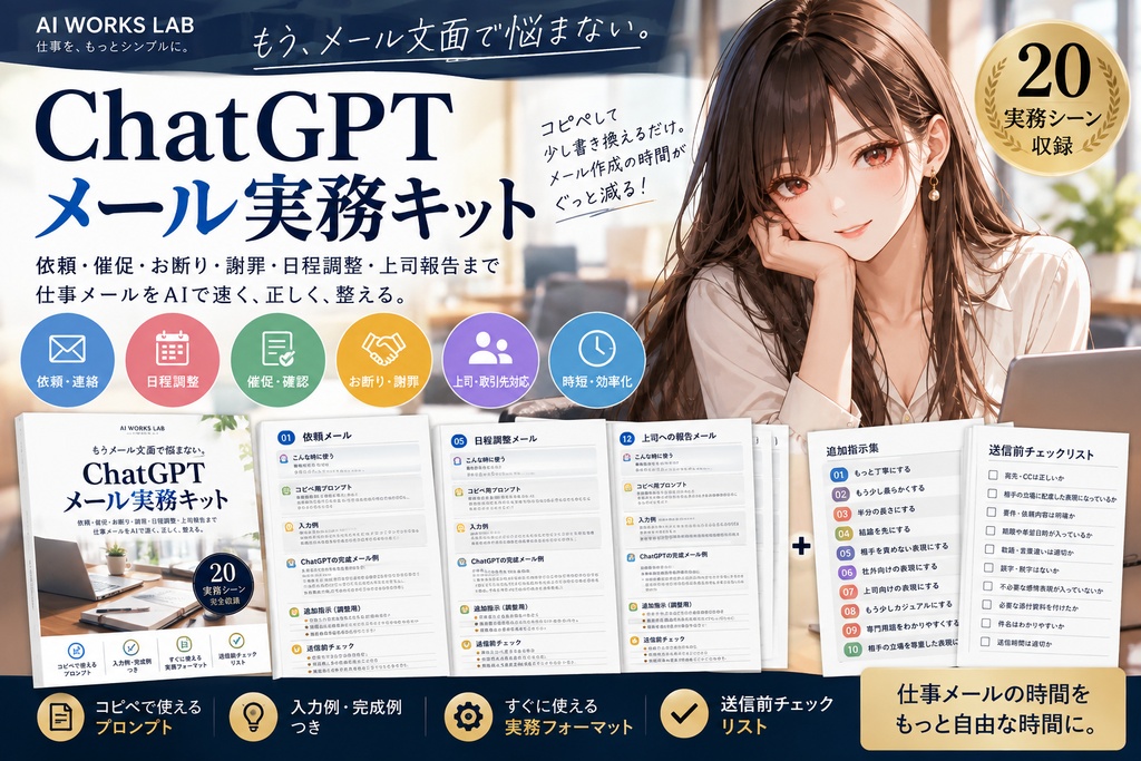 もうメール文面で悩まない。ChatGPTメール実務キット|依頼・催促・お断り・謝罪・日程調整など20シーン