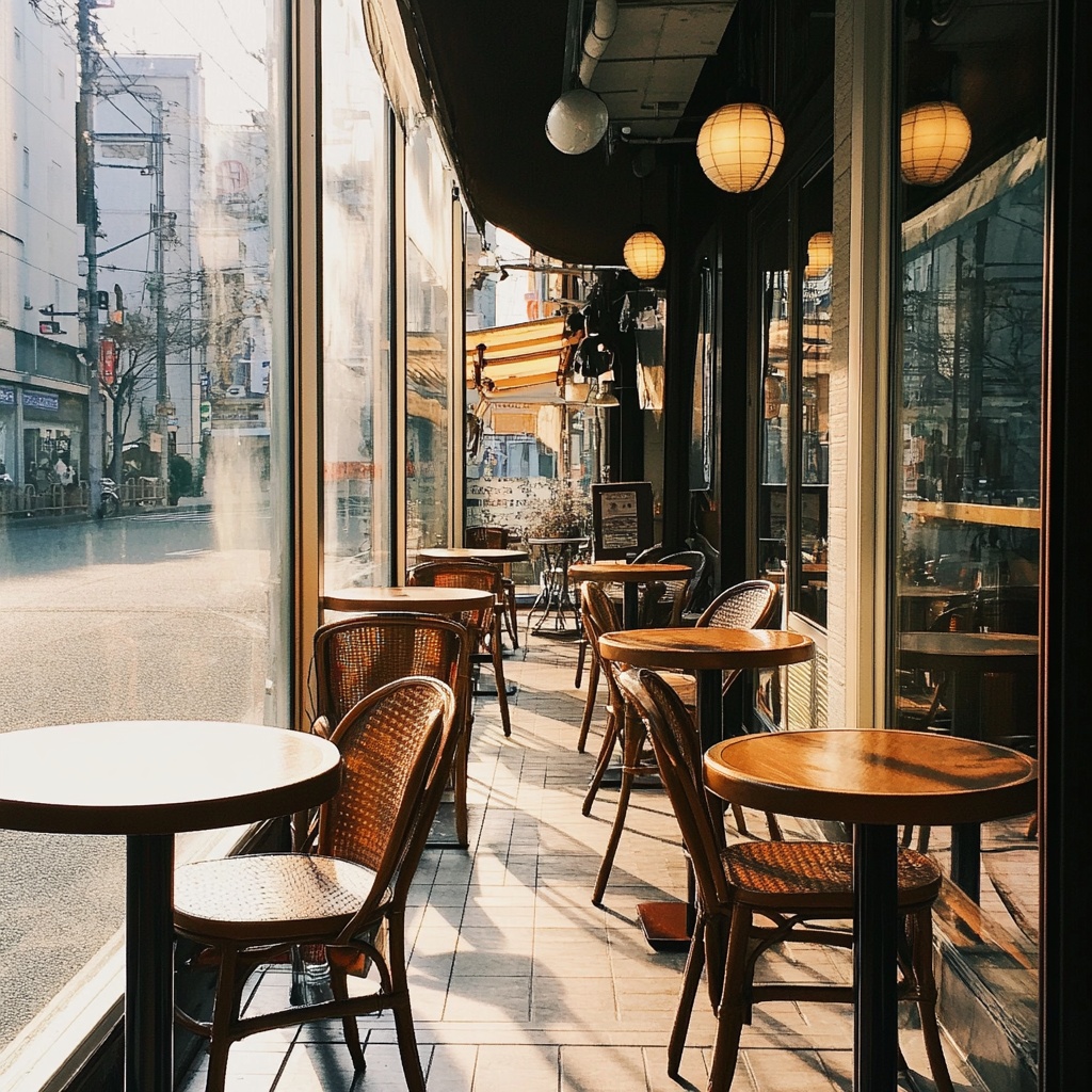 朝の東京都内のカフェテラス席