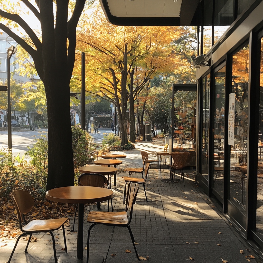 朝の東京都内のカフェテラス席