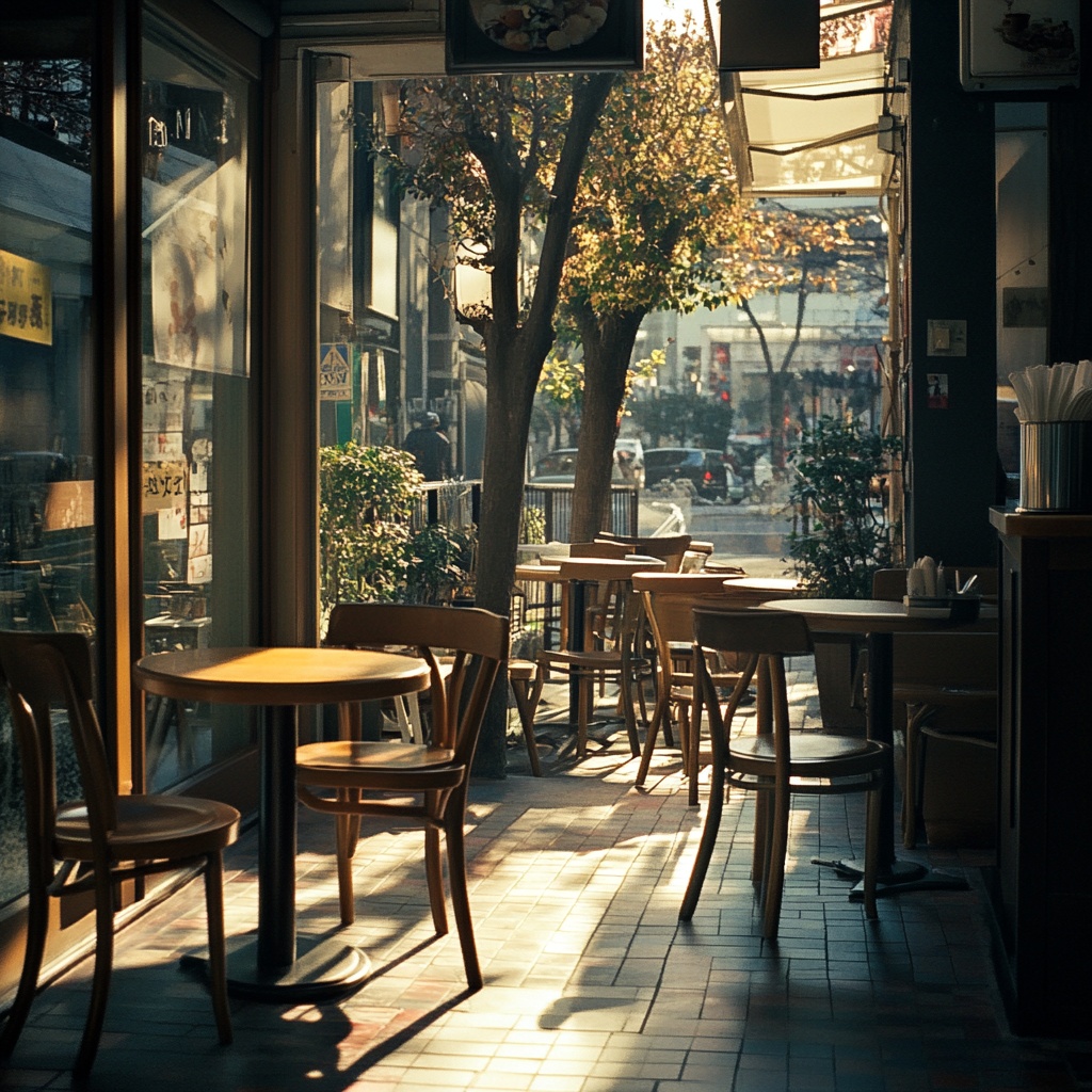 朝の東京都内のカフェテラス席