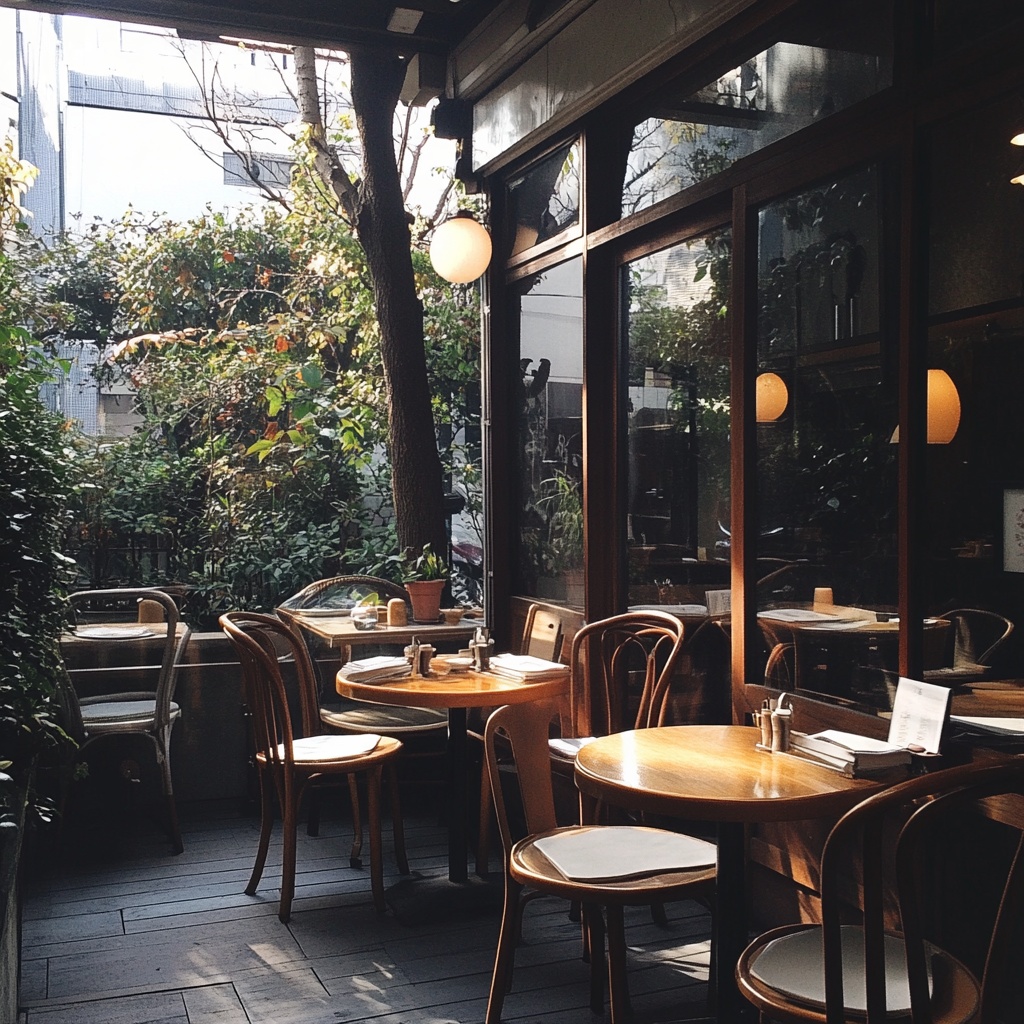 朝の東京都内のカフェテラス席