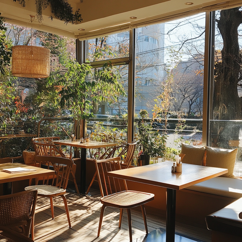 朝の東京都内のカフェテラス席