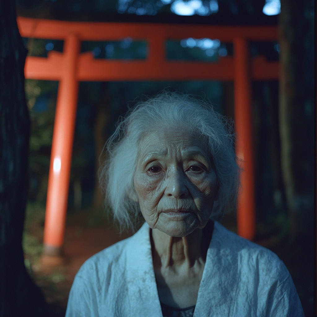 鳥居の前に立つ老婆