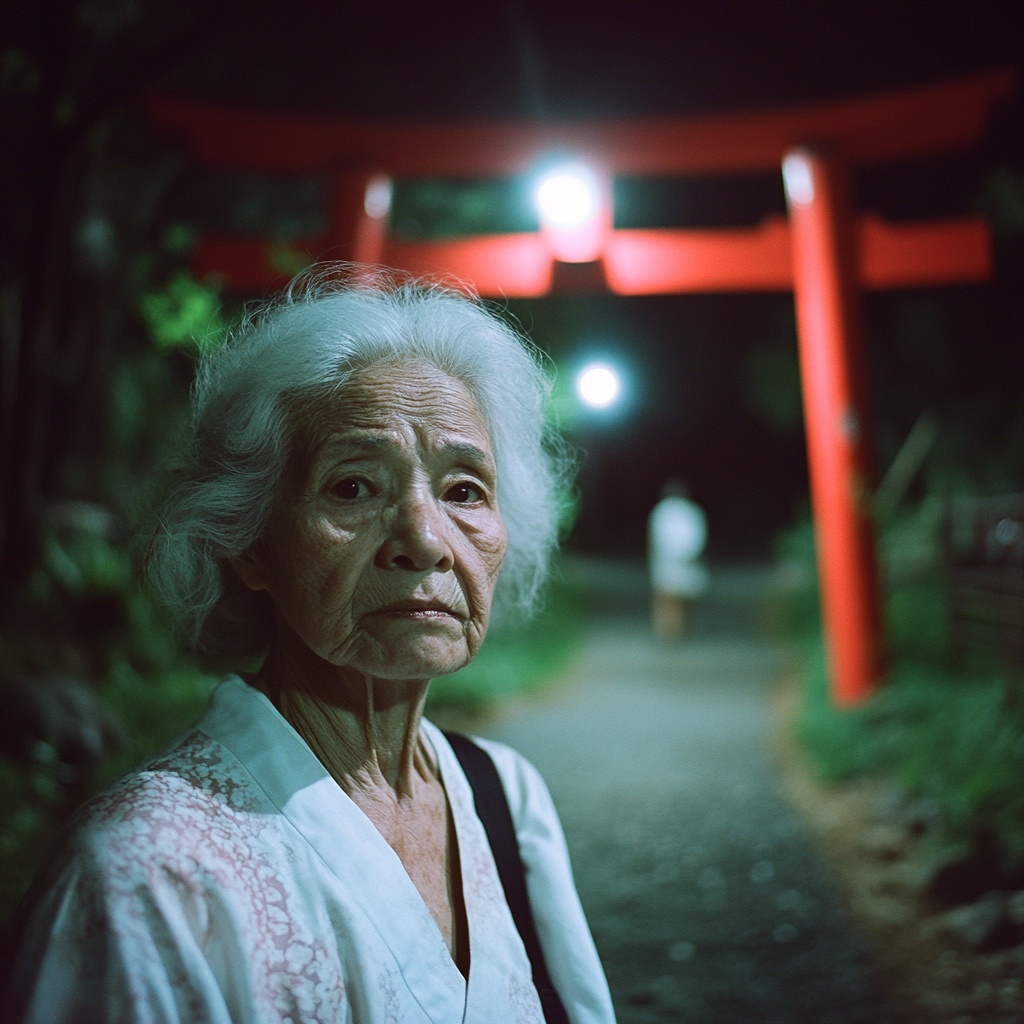 鳥居の前に立つ老婆