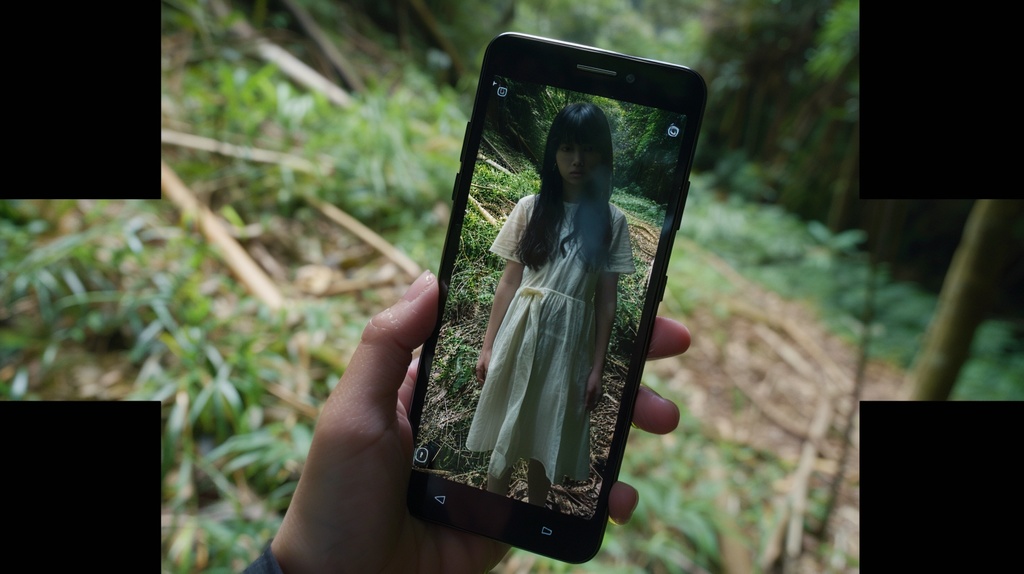 森の中でスマートフォンに写り込む女の霊