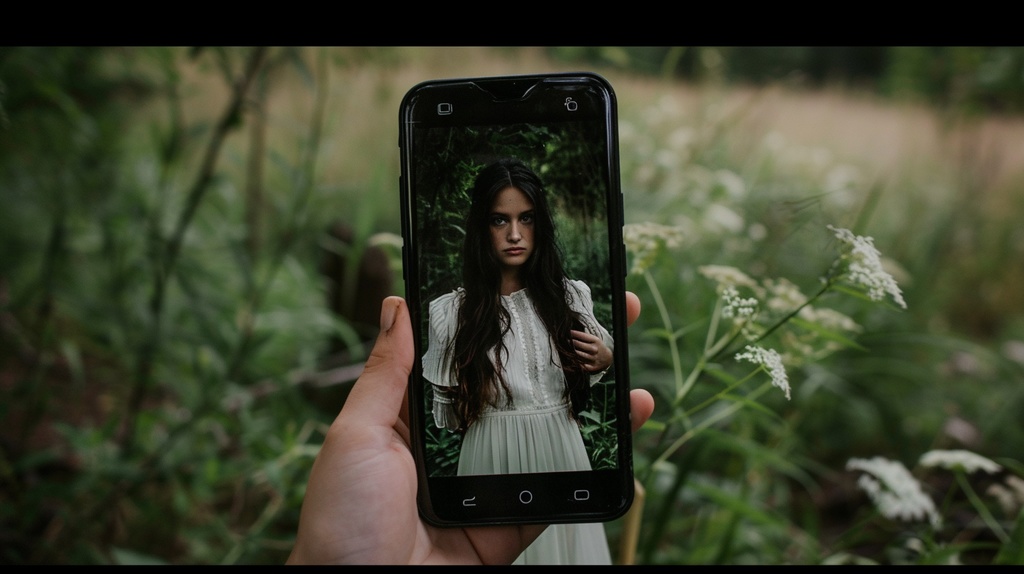 森の中でスマートフォンに写り込む女の霊