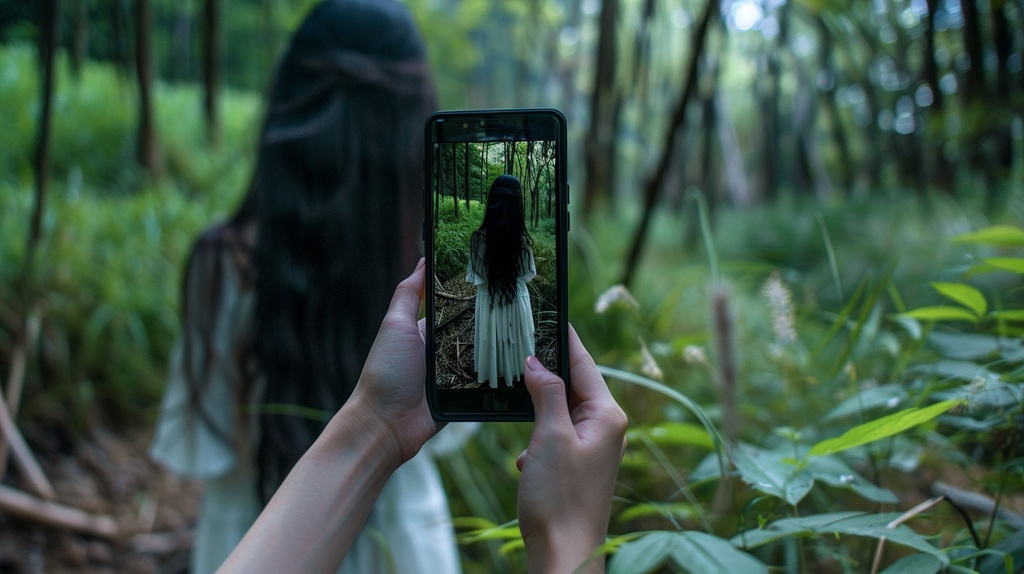 森の中でスマートフォンに写り込む女の霊