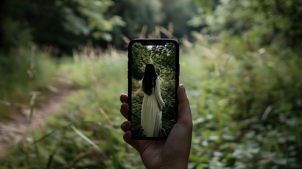 森の中でスマートフォンに写り込む女の霊