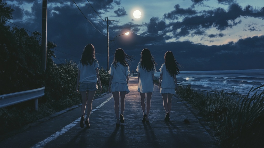 月夜の海岸を歩く若い女性たち