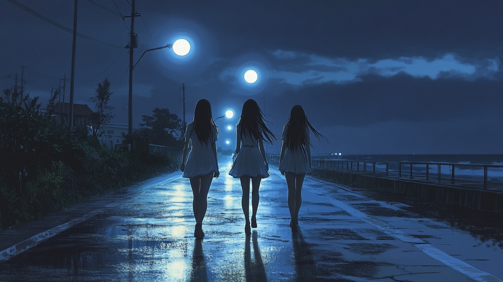 月夜の海岸を歩く若い女性たち