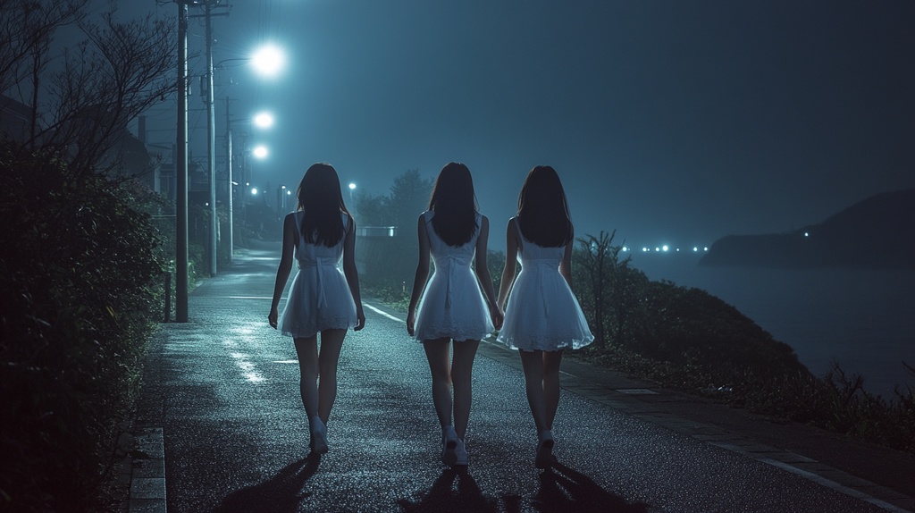 月夜の海岸を歩く若い女性たち
