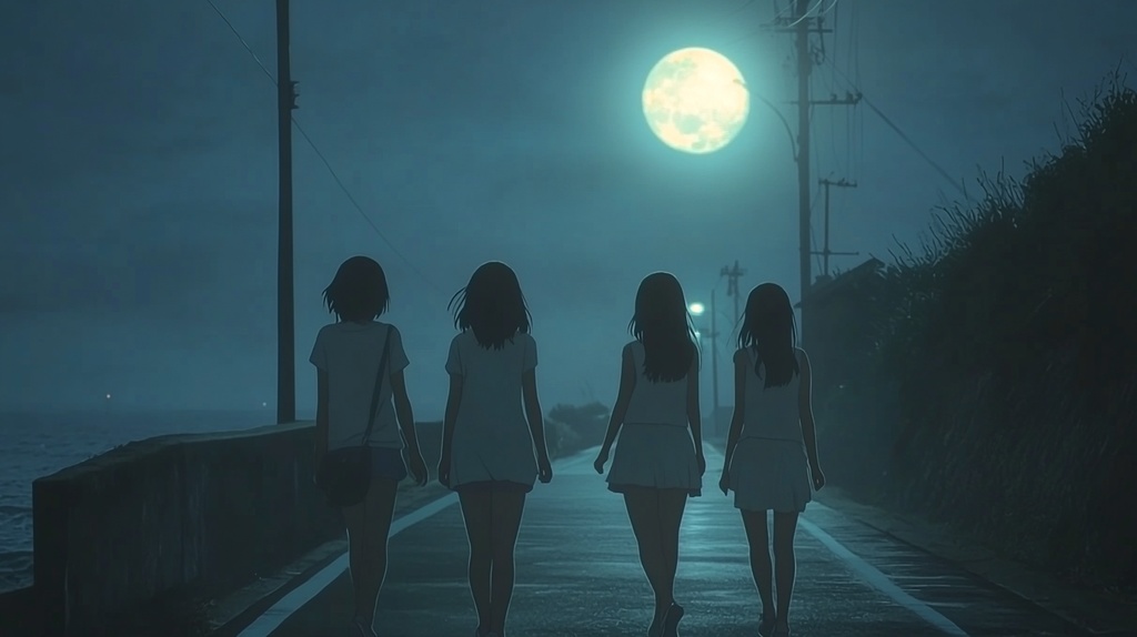 月夜の海岸を歩く若い女性たち