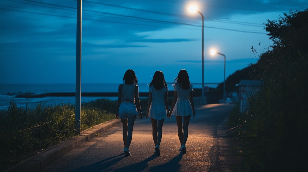 夜の海外を歩く若い女たち