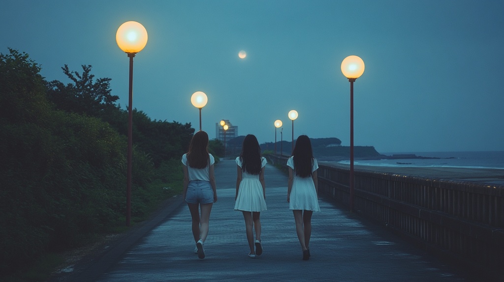 夜の海外を歩く若い女たち