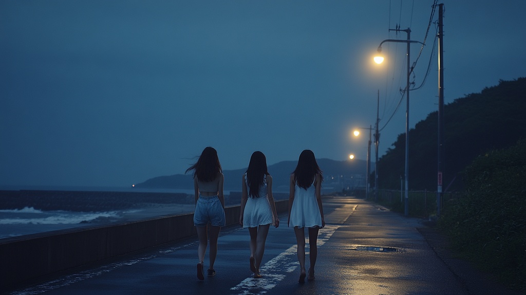 夜の海外を歩く若い女たち