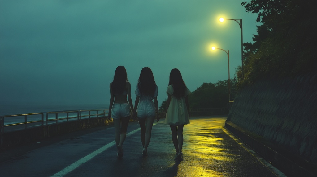 夜の海外を歩く若い女たち