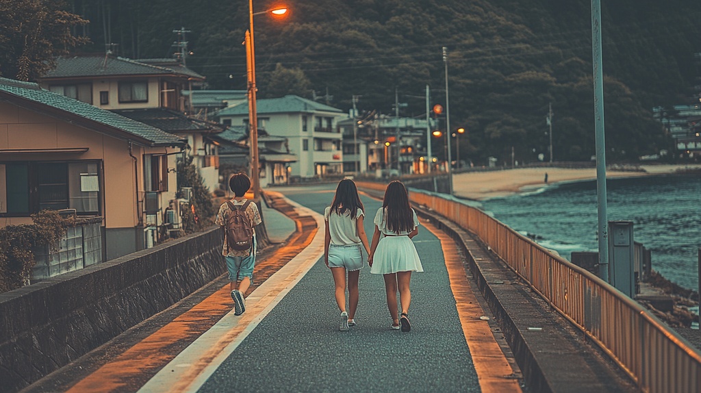 夕方の海岸を歩く若い女性たち
