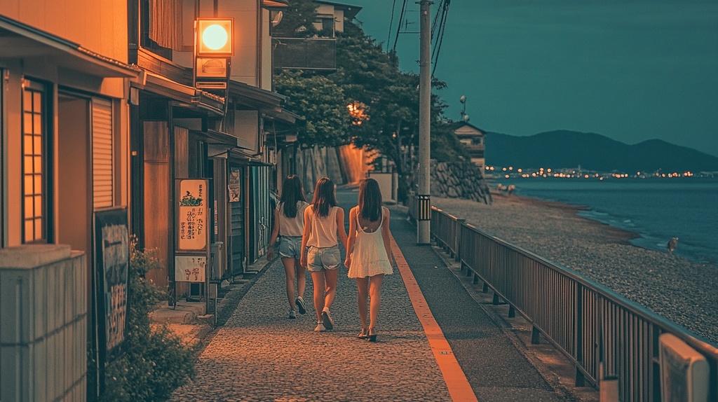 夕方の海岸を歩く若い女性たち