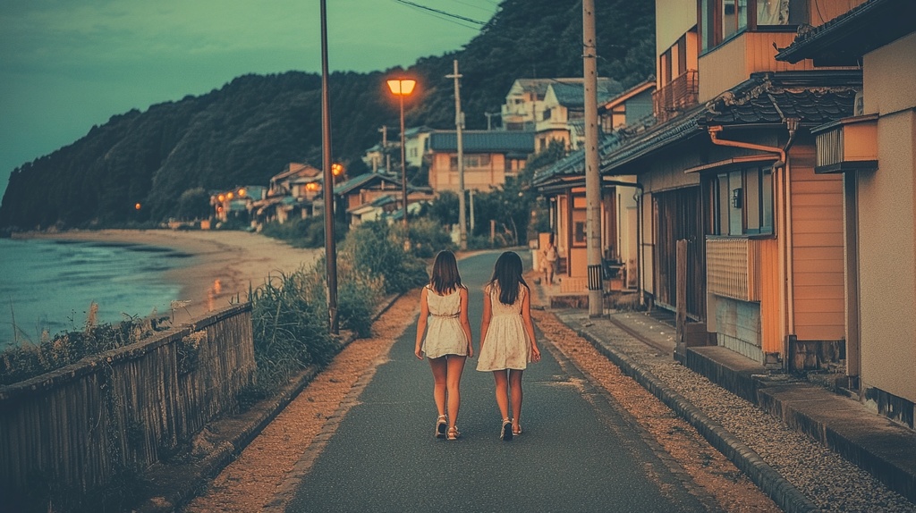 夕方の海岸を歩く若い女性たち