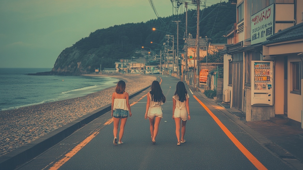 夕方の海岸を歩く若い女性たち