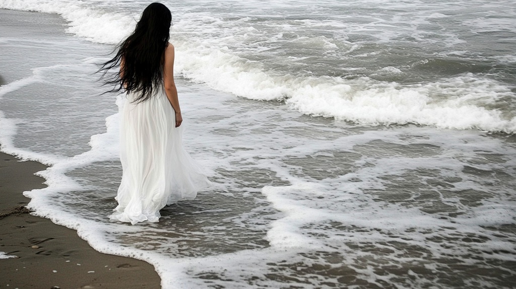 海辺に佇む白いワンピースの女