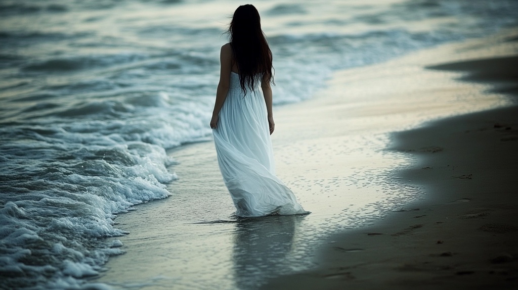 海辺に佇む白いワンピースの女