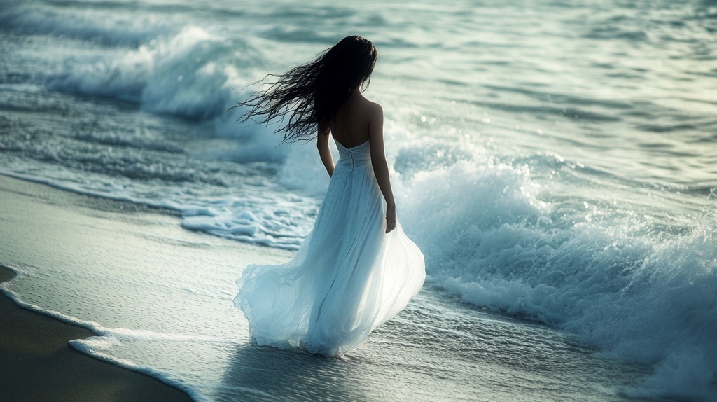 海辺に佇む白いワンピースの女