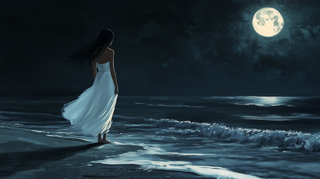 月夜の海辺に佇む白いワンピースの女