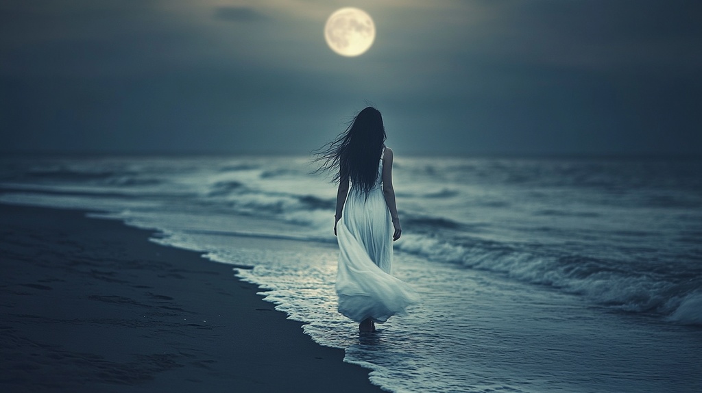 月夜の海辺に佇む白いワンピースの女