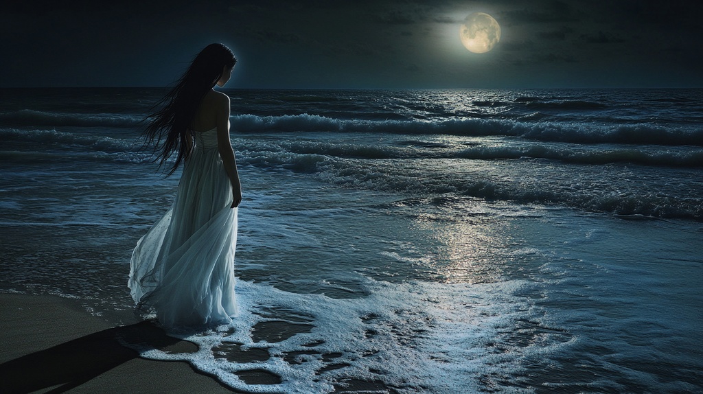 月夜の海辺に佇む白いワンピースの女