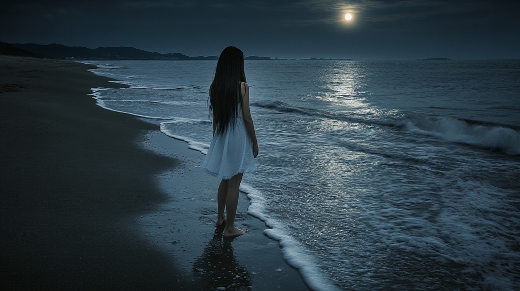 月夜の海辺に佇む白いワンピースの女
