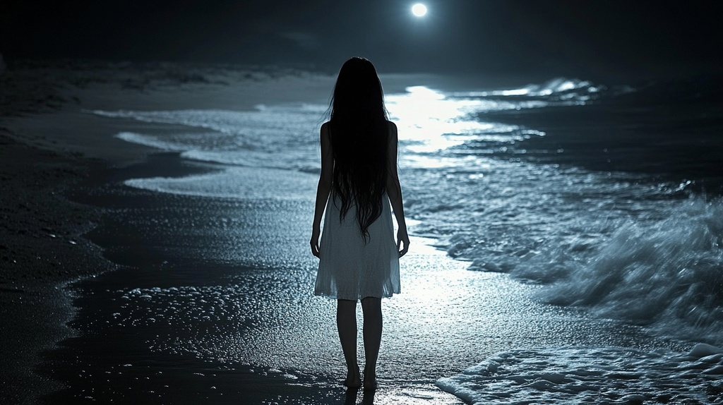 月夜の海辺に佇む白いワンピースの女