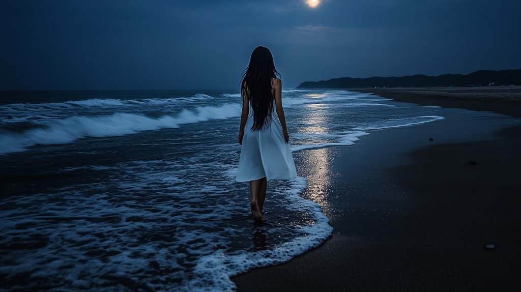 月夜の海辺に佇む白いワンピースの女